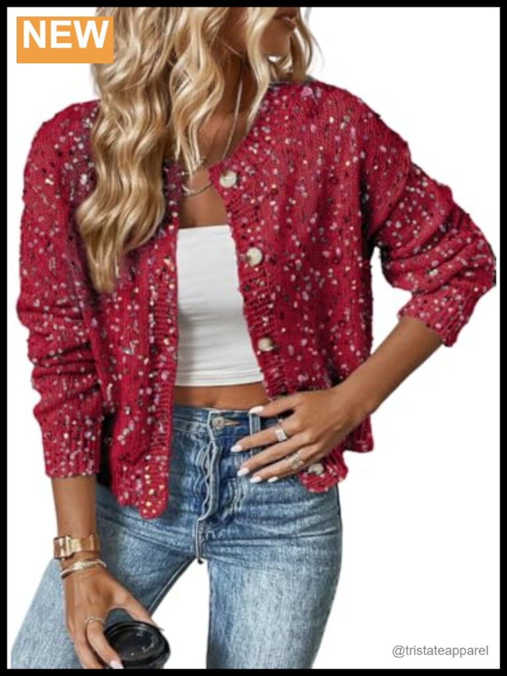 Women's Knit Cardigan Sweater Rhinestone Confetti Sparkle Long Sleeve
